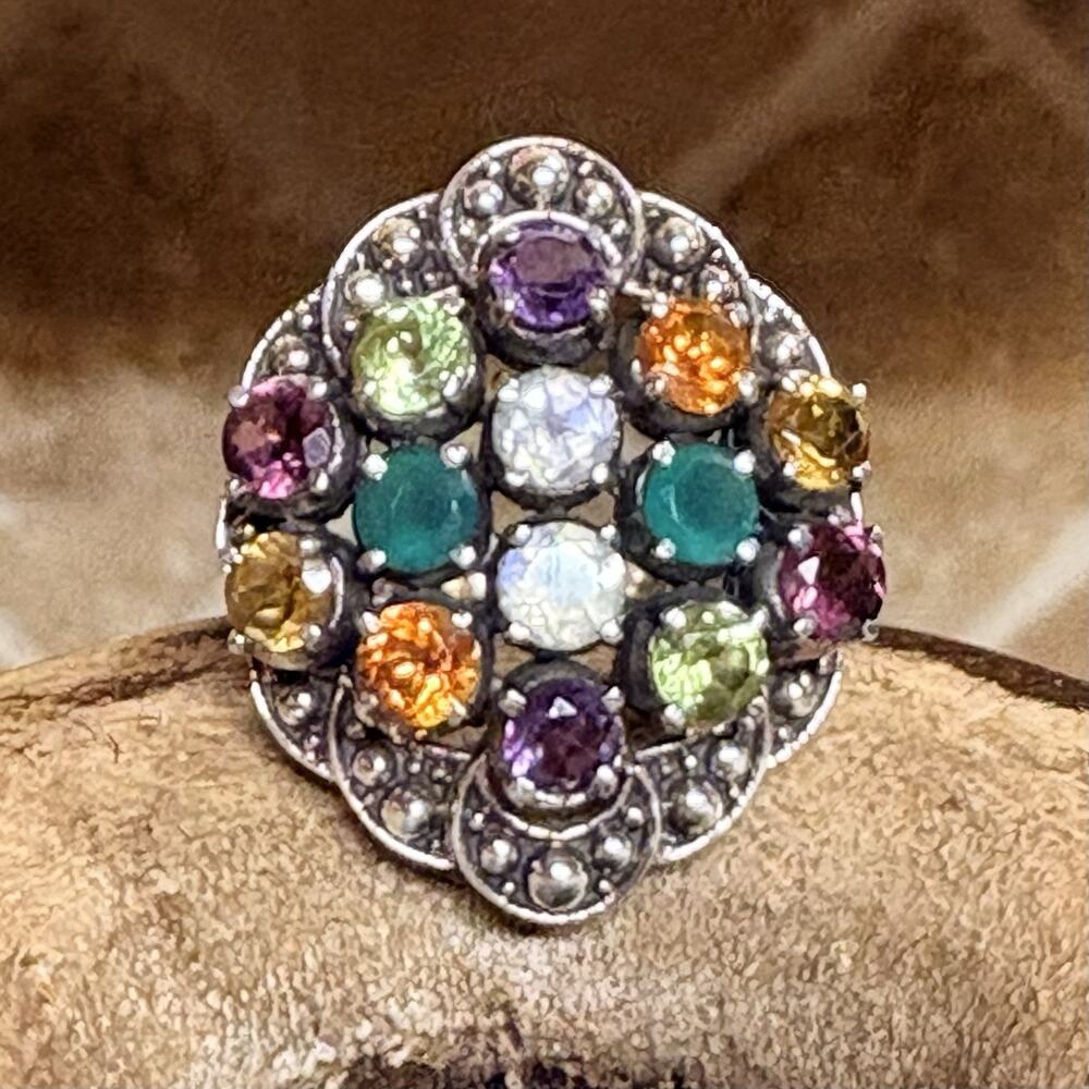 Nicky Butler Ring Size 9 Sterling Silver Multi Color Gemstones Cluster Cocktail